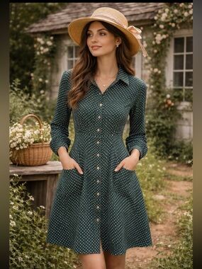 Utility Canvas -,Polka Dot long sleeve Button-Up Dress -  deep pockets - XS
